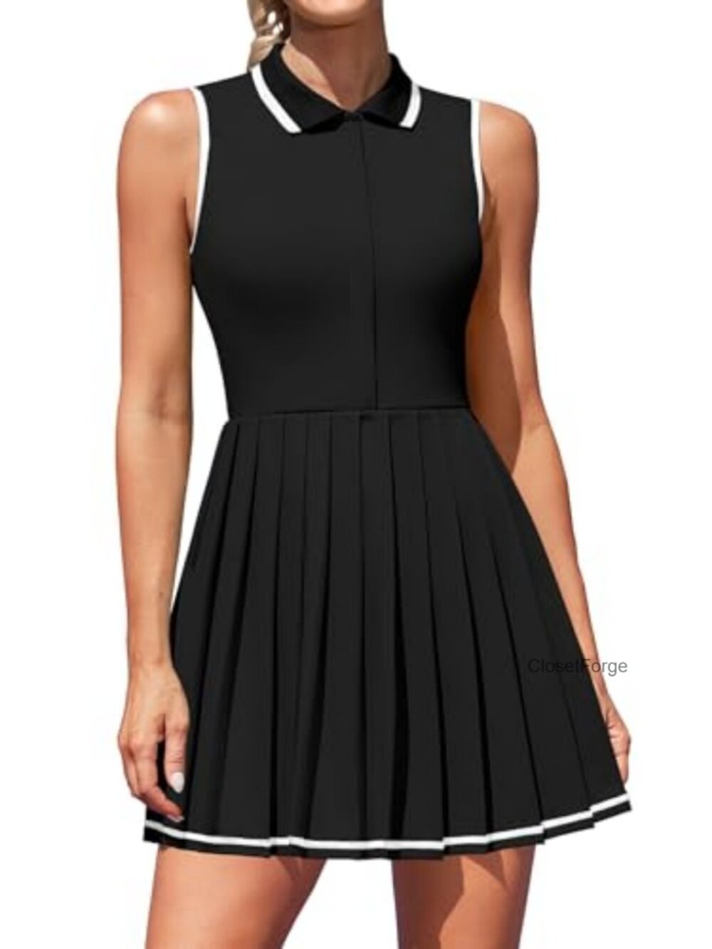 Tennis Dress with Built-in Shorts and Removable Bra, Zip Up Pleated Athletic